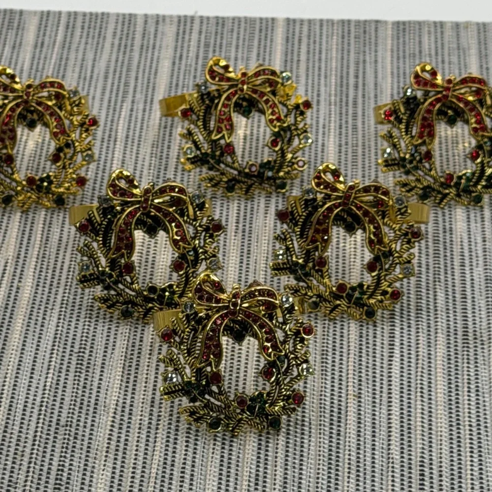 Set of 6 Christmas Wreath Napkin Rings Gold Rhinestone Red Bow Holiday Decor